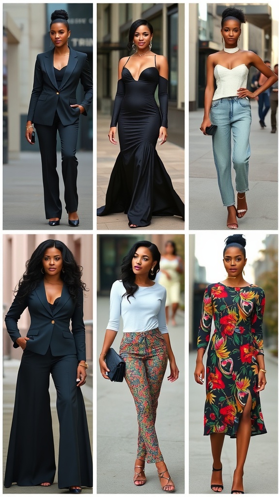 A stylish collage of outfits inspired by Cookie Lyon featuring a power suit, evening gown, casual chic outfit, and bold print dress.